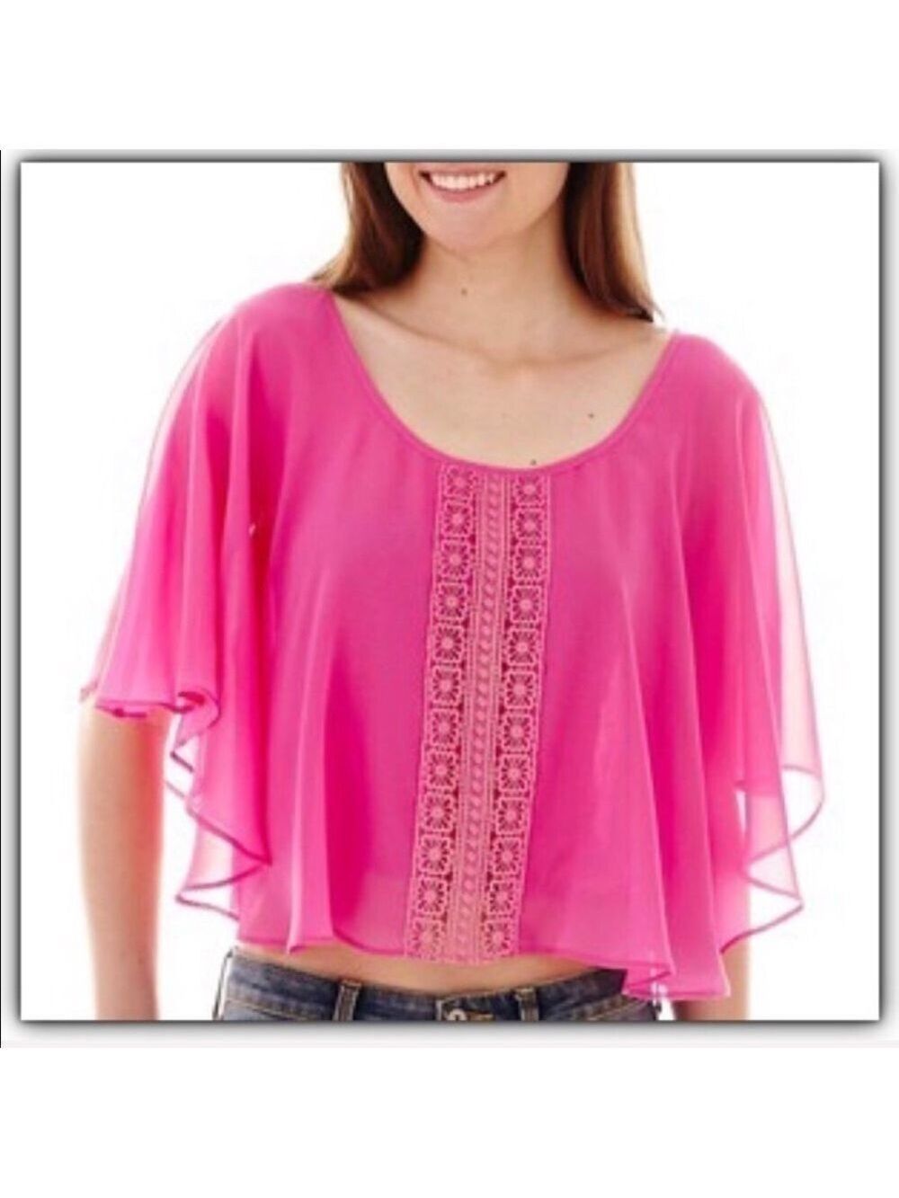 Crochet lace trim sheer flutter sleeve crop top Jr size XS